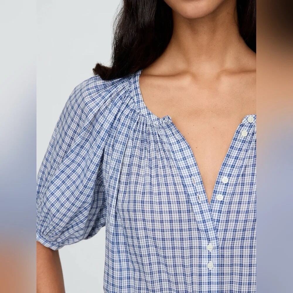 NWT Gap x DÔEN Gingham Puff Sleeve Cotton Blouse Blue Check Button Front Large - Picture 5 of 9